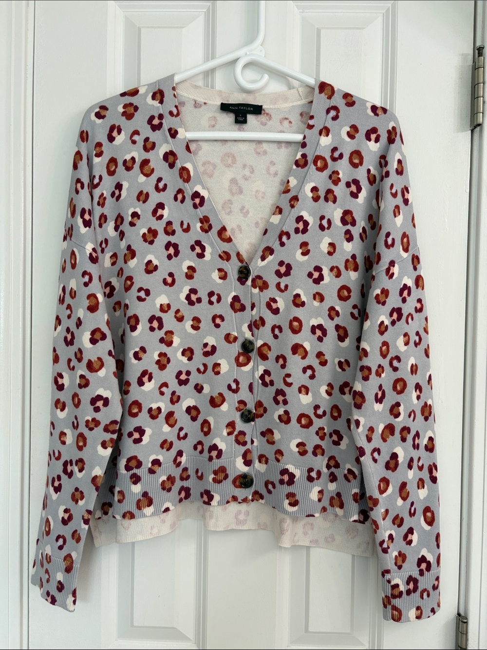 Ann Taylor Cotton High-low Gray Cardigan with Rust and Burgundy Leopard Print